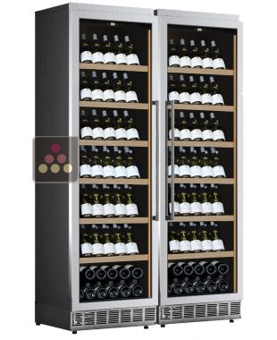 Combiné encastrable de 2 caves mono-température de service ou de conservation - Façade inox - Présentation inclinée CALICE