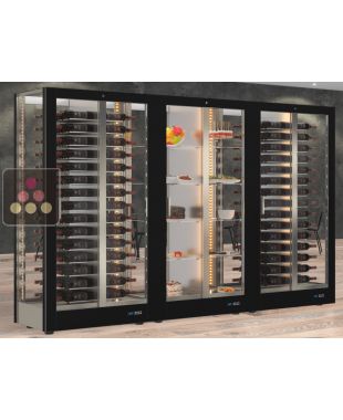 Combiné de 2 vitrines à vin professionnelles multi-usages et de 1 vitrine à desserts - 4 cotés vitrés - Habillage magnétique interchangeable CALICE DESIGN