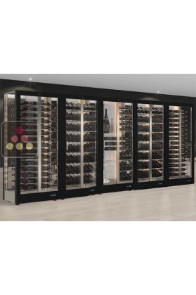 Combiné de 5 vitrines à vin multi-usages pour installation centrale - Usage pro - 4 cotés vitrés - Bouteilles horizontales/inclinées/mixte - Habillage magnétique interchangeable