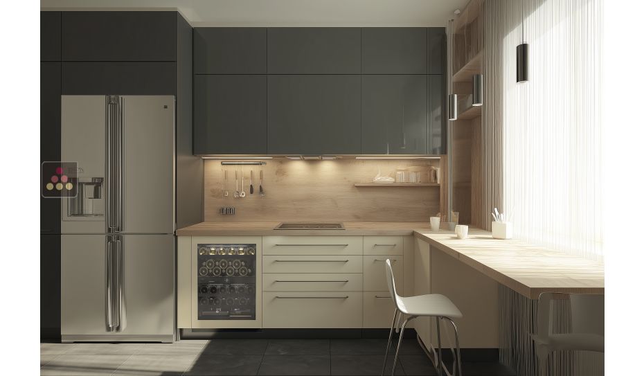 Cave à vin deux températures de conservation et de service des vins encastrable sous-plan à façade habillable