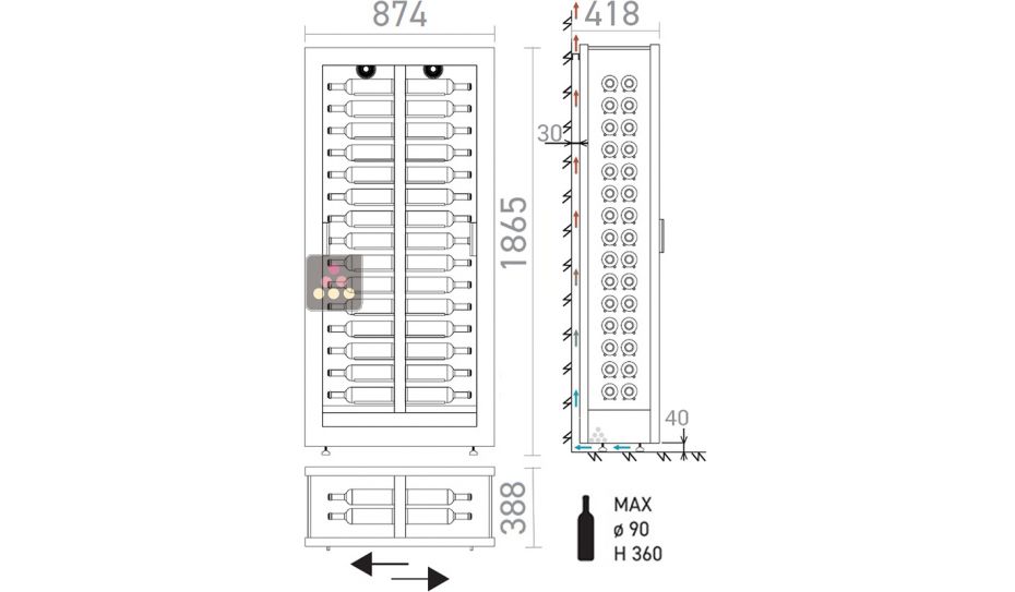 Vitrine à vin - Pro - 3 côtés vitrés - Cadre droit - Bouteilles horizontales - P38cm
