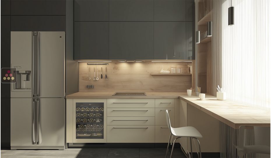 Cave à vin mono-température de conservation et de service des vins encastrable sous-plan à façade habillable