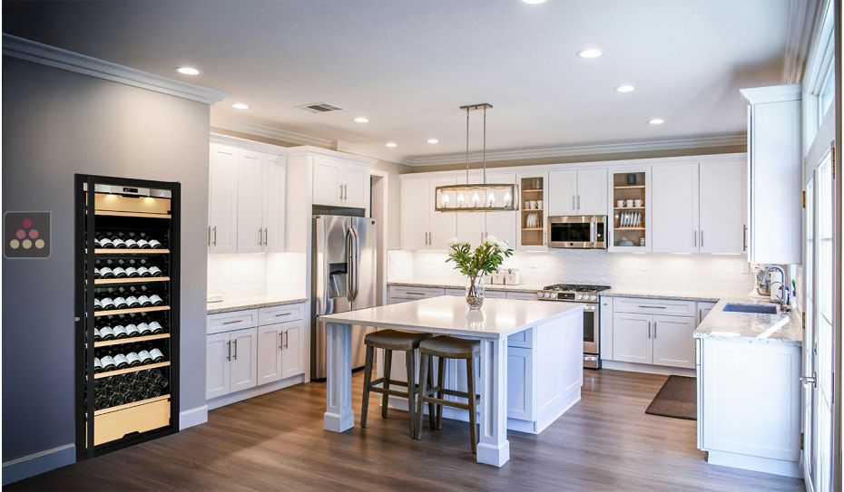 Cave à vin enchassable Multi-Usages de vieillissement et de service des vins rouges et des vins frais - 3 températures - Equipement présentation - Porte Full Glass