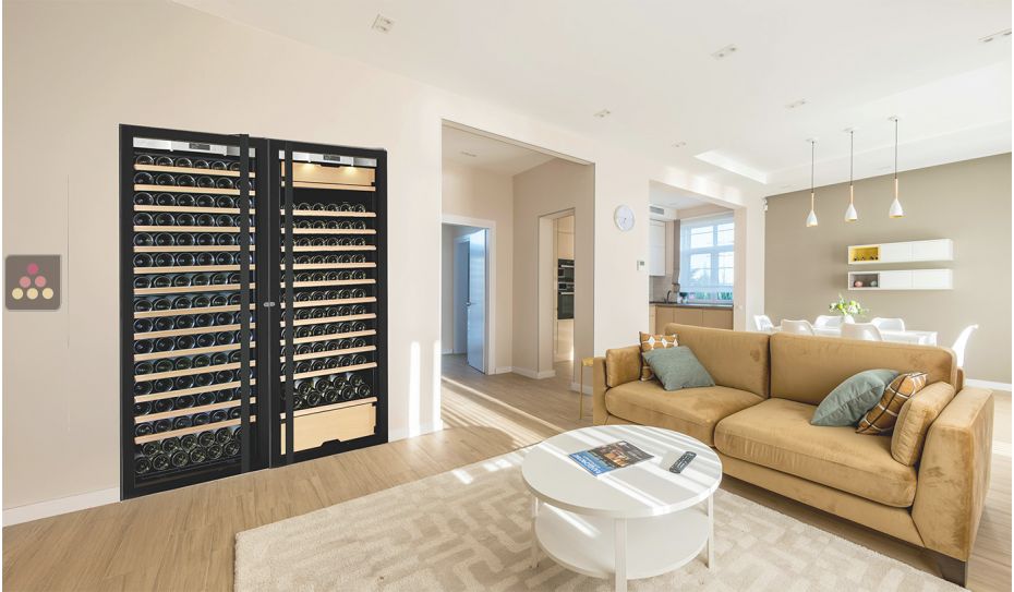 Combiné enchassable d'une cave à vin mono-température et d'une cave multi-usages 3 températures - Clayettes coulissantes - Porte Full Glass