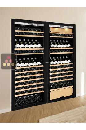 Combiné enchassable d'une cave à vin mono-température et d'une cave multi-usages 3 températures - Equipement présentation/coulissant - Porte Full Glass
