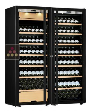 Combiné d'une cave à vin mono-température et d'une cave multi-usages 3 températures - Equipement présentation/coulissant - Porte Full Glass TRANSTHERM