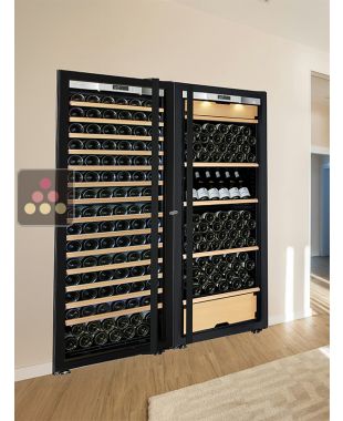 Combiné enchassable d'une cave à vin mono-température et d'une cave multi-usages 3 températures - Clayettes mixtes - Porte Full Glass TRANSTHERM
