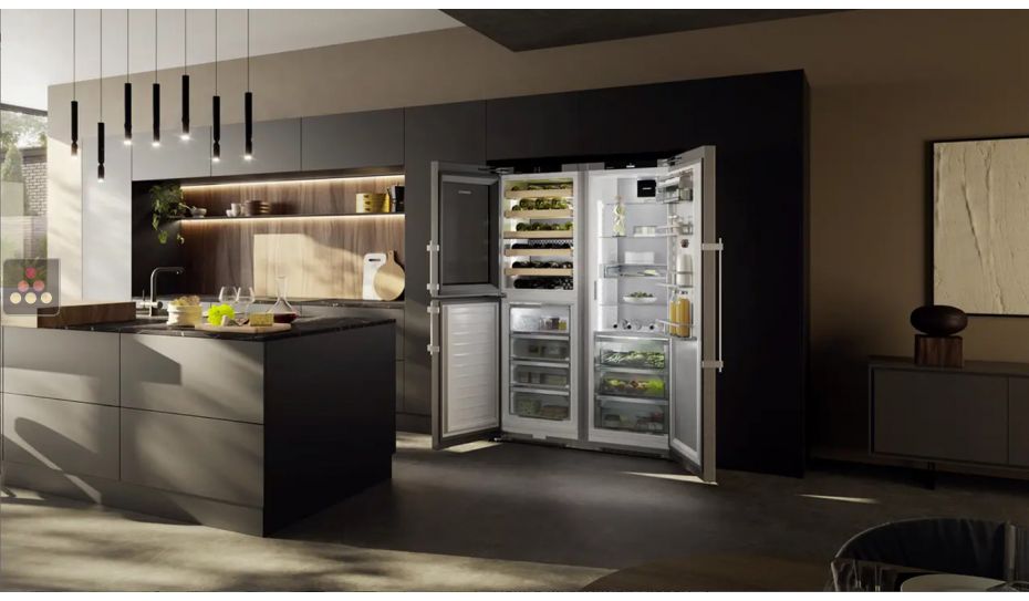 Combiné cave à vin, No Frost, Zone Bio Fresh et Ice maker acier inox