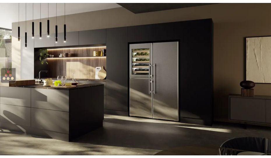 Combiné cave à vin, No Frost, Zone Bio Fresh et Ice maker acier inox