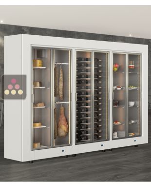 Combiné de 3 vitrines réfrigérées pour vins, charcuteries/fromages et snack/desserts - Usage pro - Installation centrale - Cadre droit CALICE DESIGN