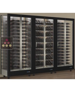 Combiné de 3 vitrines à vin professionnelles multi-usages - 3 cotés vitrés - Bouteilles horizontales/inclinées - Habillage magnétique interchangeable CALICE DESIGN