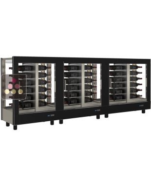 Combiné de 3 vitrines à vin professionnelles multi-usages - 4 cotés vitrés - Bouteilles horizontales - Habillage magnétique interchangeable CALICE DESIGN
