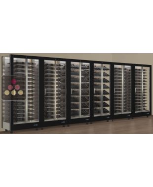 Combiné de 6 vitrines à vin professionnelles multi-usages - 3 cotés vitrés - Bouteilles horizontales/inclinées - Habillage magnétique interchangeable CALICE DESIGN