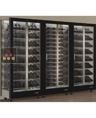 Combiné de 3 vitrines à vin professionnelles multi-usages - 3 cotés vitrés - Bouteilles inclinées/horizontales - Habillage magnétique interchangeable CALICE DESIGN