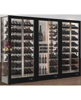 Combiné de 3 vitrines à vin professionnelles multi-usages - 4 cotés vitrés - Habillage magnétique interchangeable CALICE DESIGN