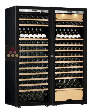 Combiné d'une cave à vin mono-température et d'une cave multi-usages 3 températures - Equipement présentation/coulissant Porte Full Glass TRANSTHERM