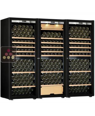 Combiné de 2 caves à vin mono-température et d'une cave multi-usages - 3 températures - Equipement stockage/coulissant Porte Full Glass TRANSTHERM