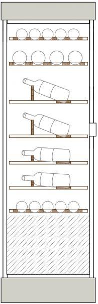 Clayettes bois de haut en bas : Magnums et bouteilles 75cl horizontaux parallèles aux portes sur 1 et 2 niveaux, puis bouteilles 75cl, simple profondeur, en présentation inclinée sur 2 niveaux, puis perpendiculaire aux portes sur 2 niveaux.