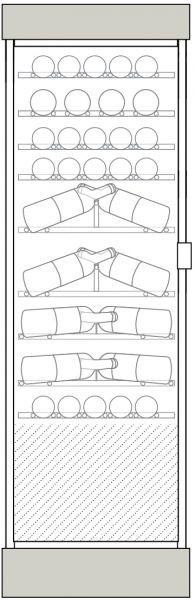 Clayettes inox de haut en bas : Magnums et bouteilles 75cl horizontaux parallèles aux portes sur 1 et 2 niveaux, puis bouteilles 75cl, double profondeur, en présentation inclinée sur 3 niveaux, puis perpendiculaire aux portes sur 3 niveaux.